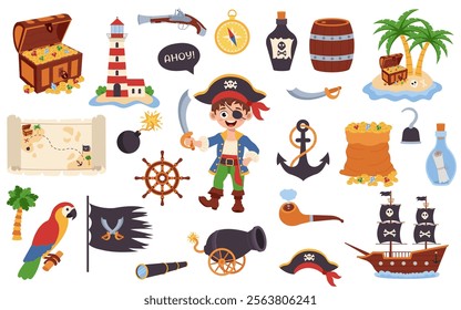 Pirate set. Set with ship, captain, chest, treasures, parrot, map. Pirate set for kids.