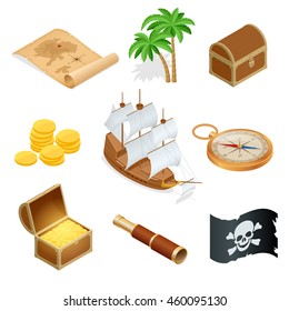 Pirate set. Ship, treasure map, palm, compass, coins, telescope, pirate flag. Flat 3d isometric vector illustration