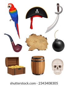 Pirate set. Skull bones parrot old vintage map decent vector corsairs collection