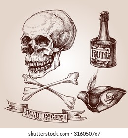 Pirate set, skull and crossbones, pirate hat and a bottle of rum