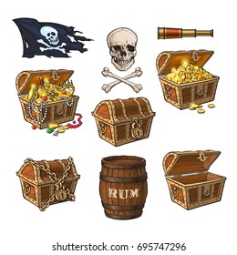 Pirate set - treasure chests, jolly Roger flag, rum barrel, field glass, skull and bones, hand drawn cartoon vector illustration isolated on white background. Hand drawn cartoon pirate set