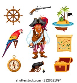 Juego de piratas. Pirata en triángulo, zona de loro, cañón, mapa del tesoro, pecho dorado, brújula, pistola, isla, volante. Icono, clipart para un sitio web sobre piratas, historia, armas antiguas. Vector plano.