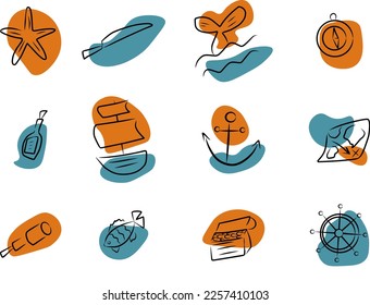 Pirate set, vector. Hand drawn sketch and colored spots. Starfish and fish, ship, anchor and rudder, message in a bottle and map, treasure and spyglass, compass.