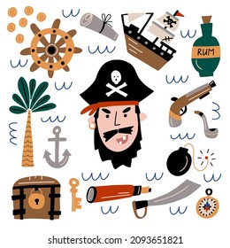 Ilustración vectorial de conjunto pirata. Conjunto de accesorios piratas: cuchillo, barco, botella, arma, monedas de oro, vidrio espía, mapa, pecho, ancla aislado. Hombre canero con barba en el sombrero y cráneo.   