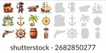 pirate set vector illustration collection of treasure chest ship captain cannon compass map anchor palm wheel barrel pistol rum isolated on white background