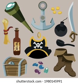 Juego de piratas. Ilustración vectorial para juegos, cuentos de hadas. Sombrero pirata, botas, vidrio espía, monedas, pecho, ron, sable, pergamino, bomba, ancla, cofre del tesoro. Ilustración infantil.