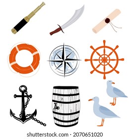 Pirate set vector stock illustration. A seagull, a compass, a lifebuoy, a ship's steering wheel, an old map, an anchor on a chain. Isolated on a white background.