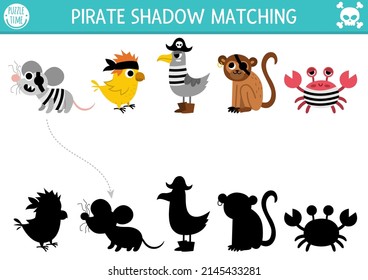 Pirate shadow matching activity with animals. Treasure island hunt puzzle with cute rat, parrot, seagull, monkey, crab. Find correct silhouette printable worksheet or game. Sea adventures page for kid