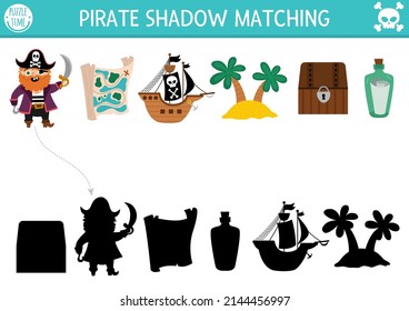 Pirate shadow matching activity. Treasure island hunt puzzle with cute pirate, map, ship, island, chest. Find correct silhouette printable worksheet or game. Sea adventures page for kids
