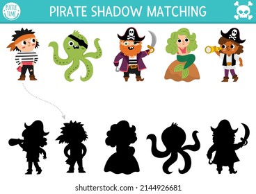 Pirate shadow matching activity. Treasure island hunt puzzle with cute pirates, mermaid, octopus. Find correct silhouette printable worksheet or game. Sea adventures page for kids
