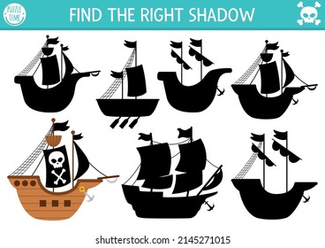 Pirate shadow matching activity. Treasure island hunt puzzle with pirate ships. Find correct silhouette printable worksheet or game. Sea adventures page for kids with boat and black sails
