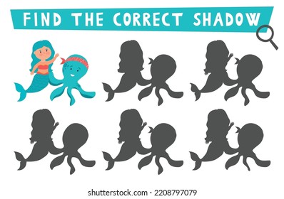 Pirate shadow matching activity. Treasure island hunt puzzle with cute mermaid, octopus. Find correct silhouette printable worksheet or game. Sea adventures page for kids.