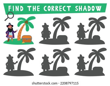 Pirate shadow matching activity. Treasure island hunt puzzle with cute pirates. Find correct silhouette printable worksheet or game. Sea adventures page for kids. Game for children.