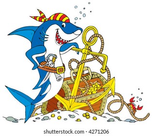 Pirate Shark with an anchor and a treasure chest