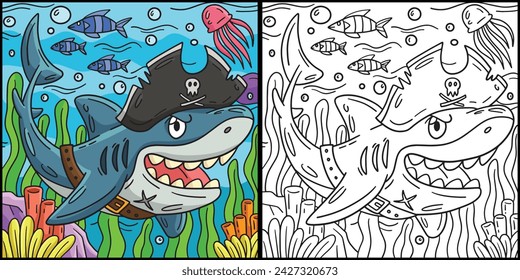 Pirate Shark Coloring Page Colored Illustration