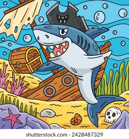 Pirate Shark with a Treasure Chest Colored Cartoon