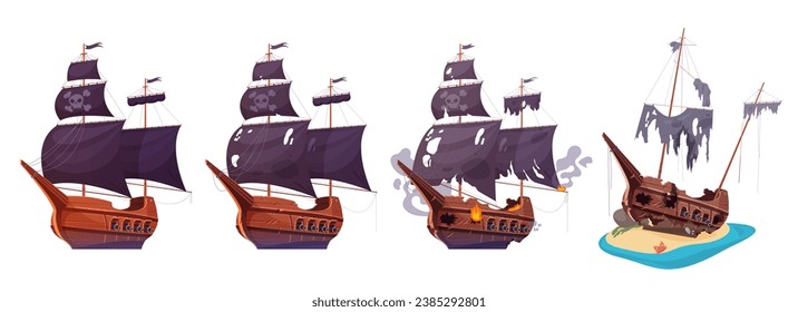 Barco pirata después de batalla marítima, etapas de la historia de daños en botes pusieron la ilustración vectorial. Caricatura aislada caravana de corso de madera vintage, velero abandonado con fuego, velas rotas en mástil y cubierta