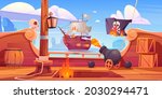 Pirate ship battle, wooden brigantine boat deck onboard view with cannon fire to enemy frigate, burning jolly roger flag, flame ragging in open hold on seascape background, Cartoon vector illustration