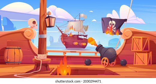 Pirate ship battle, wooden brigantine boat deck onboard view with cannon fire to enemy frigate, burning jolly roger flag, flame ragging in open hold on seascape background, Cartoon vector illustration