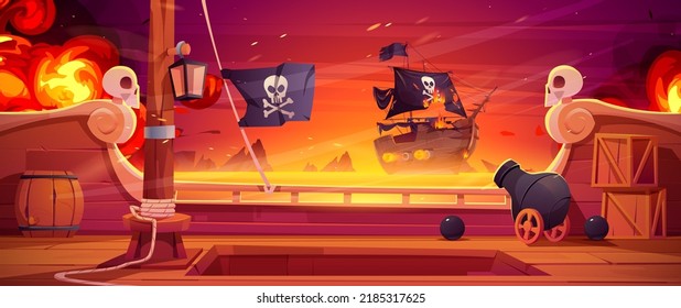 Pirate Ship Battle, Wooden Brigantine Boat Deck Onboard View With Cannon Fire To Enemy Frigate With Black Jolly Roger Flag On Seascape Background, Game Scene Of Battleship, Cartoon Vector Illustration