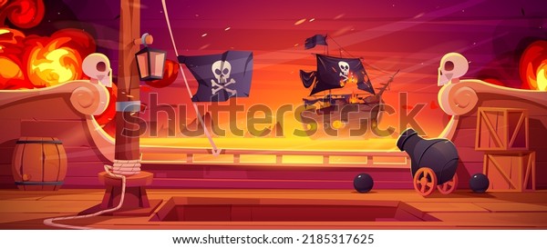 Pirate ship battle, wooden brigantine boat\
deck onboard view with cannon fire to enemy frigate with black\
jolly roger flag on seascape background, game scene of battleship,\
Cartoon vector\
illustration