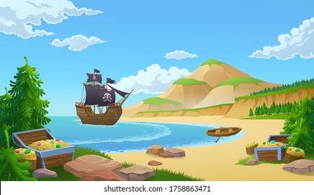 Pirate ship in a bay with trunks of treasure or booty on a sandy beach, colored vector illustration svg