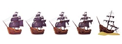 Pirate Ship Before And After Sea Battle Set Vector Illustration. Cartoon Isolated New Galleon With Skull And Crossbones On Sails And Old Corsair Boat After Shipwreck With Broken Deck And Torn Flag