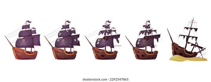 Pirate ship before and after sea battle set vector illustration. Cartoon isolated new galleon with skull and crossbones on sails and old corsair boat after shipwreck with broken deck and torn flag