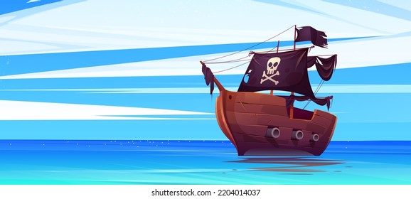 Pirate ship with black flag and and jolly roger on sails. Filibusters battleship with cannons floating on blue ocean water surface. Legend of the seas cartoon game or book scene, Vector illustration