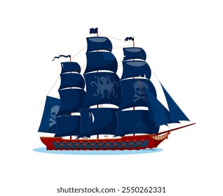 Pirate ship with black sails adorned with octopus and skull. Cartoon vector nautical corsair brigantine vessel evoking themes of adventure, exploration, maritime history, piracy and fantasy stories