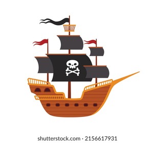 Pirate ship with black sails and crossbone, cartoon flat vector illustration isolated on white background. Wooden sailboat for pirate adventures. Cute childish boat.