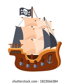 Pirate Ship With Black Sails And Flag. Adventure, Journey In Sea On Equipment Wooden Boat, Filibuster Bounty Corsair. Pirate Sea Ship On Water. Cartoon Vector Illustration.