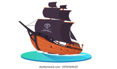 Pirate ship with black sails floating on blue water. Vector illustration