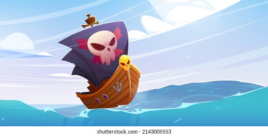 Pirate ship with black sails and jolly roger floating on ocean water waves. Legend of the seas cartoon game scene or book picture with filibusters battleship with skull on stem, Vector illustration svg