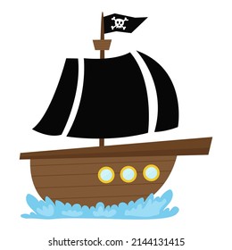 Pirate ship with black sails and jolly roger on the waves
