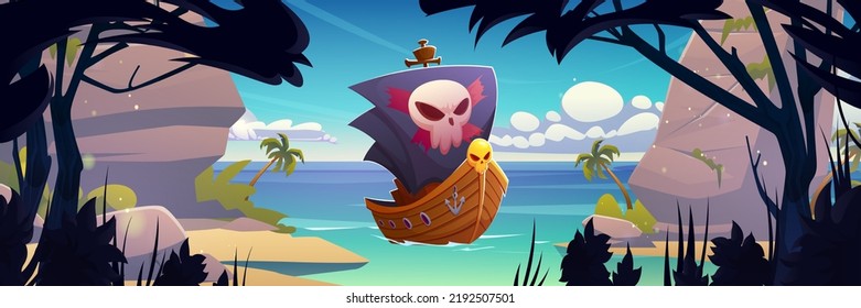 Pirate ship with black sails and jolly roger floating on ocean water waves to tropical island with palm trees, sandy beach and rocks. Cartoon game scene with filibusters battleship Vector