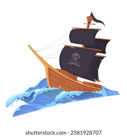 Pirate ship with black sails on ocean waves. Vector illustration