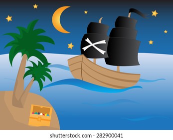 Pirate ship with black sails on the open sea with treasure on the night