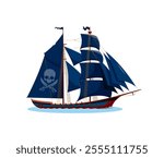 Pirate ship with black sails, skull and crossbones symbol. Isolated carton vector majestic corsair vessel evokes a sense of adventure and freedom, open sea exploration, maritime history or pirate lore