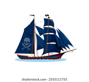 Pirate ship with black sails, skull and crossbones symbol. Isolated carton vector majestic corsair vessel evokes a sense of adventure and freedom, open sea exploration, maritime history or pirate lore