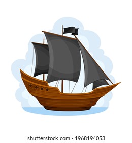 Pirate Ship with Black Sails and Square Rigged Mast Navigating Upon Water Vector Illustration