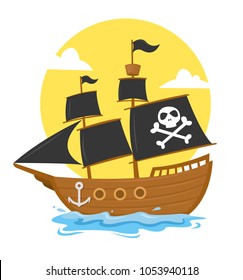Pirate Ship with black skull cross flag