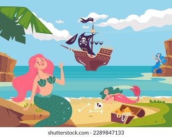 Pirate ship boat and mermaid on island sea concept. Vector cartoon graphic design element illustration
