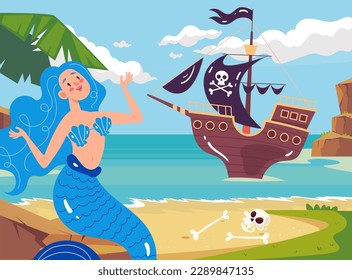 Barco pirata y sirena en el concepto de mar de la isla. Ilustración de elementos de diseño gráfico de dibujos animados