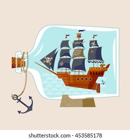 Pirate Ship In A Bottle. Vector Illustration