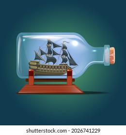 Pirate Ship in a bottle.Sailing crafts. Miniature models of marine vessels. Hobby and sea theme.Vector illustration