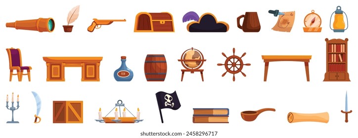 Piratenschiff Kabine Icons Set Cartoon Vektorgrafik. Holzschreibtisch. Schatzkartenregal