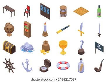 Pirate ship cabin icons set. Treasure hunter is preparing for an adventure, looking at a map and using a compass and a spyglass