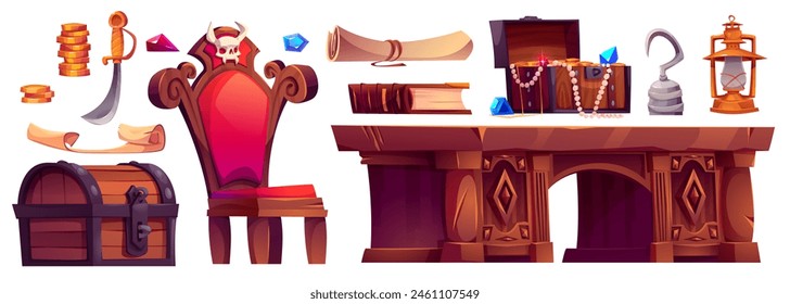 Pirate ship cabin interior furniture and elements. Cartoon vector illustration set of boat inside objects - wooden table and chair, closed and open chest with treasure, parchment rolls and hook.