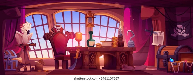 Pirate ship cabin interior. Old boat room and treasure. Captain wood table, rum bottle, parrot and black skull flag inside sailboat near window. Buccaneer furniture for adventure game environment